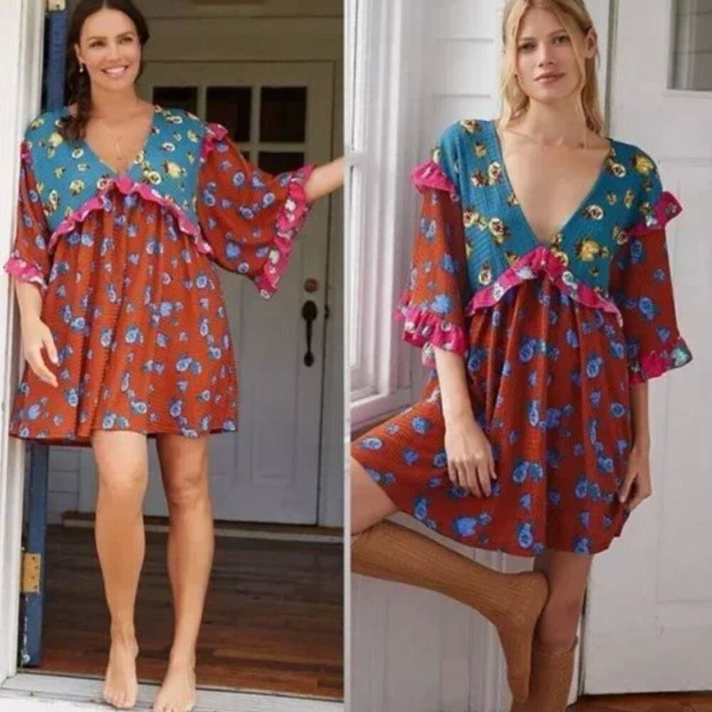 Anthropologie Women's XS Floral Babydoll Mini Dress Long Sleeve‎ sleep dress